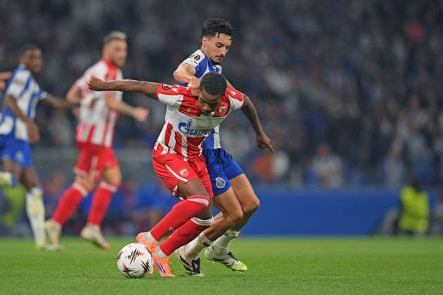 2nd October 2025; Dragao Stadium, Porto, Portugal: UEFA Europa League 2025 2026, FC Porto versus Red Star Belgrade; Stephen Eustaquio of FC Porto challenges Felicio Milson of Red Star Belgrade  DanielxCastro