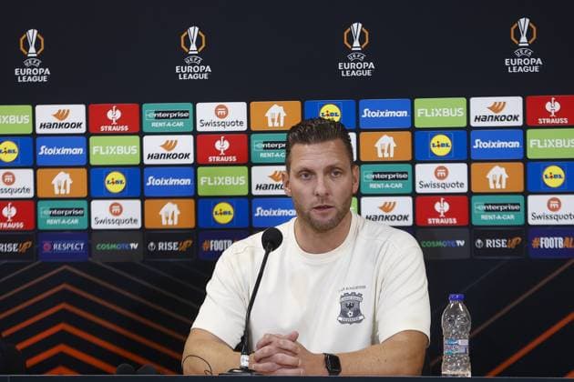 ATHENS , 02-10-2025 , Olympic Athletic Center of Athens Spyros Louis , season 2025 2026 , UEFA Europa League League phase . match between Panathinaikos and Go Ahead Eagles, final result 1-2. Picture shows GA Eagles trainer coach Melvin Boel at press conference, PK, Pressekonferenz Panathinaikos - Go Ahead Eagles  x31328755x Copyright: