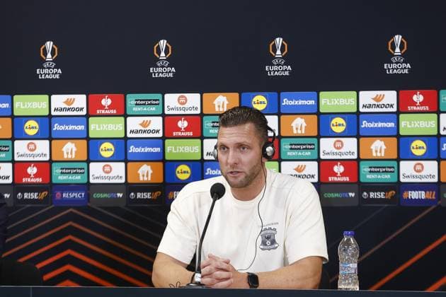 ATHENS , 02-10-2025 , Olympic Athletic Center of Athens Spyros Louis , season 2025 2026 , UEFA Europa League League phase . match between Panathinaikos and Go Ahead Eagles, final result 1-2. Picture shows GA Eagles trainer coach Melvin Boel at press conference, PK, Pressekonferenz Panathinaikos - Go Ahead Eagles  x31328756x Copyright: