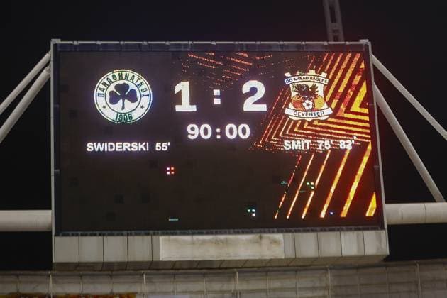 ATHENS , 02-10-2025 , Olympic Athletic Center of Athens Spyros Louis , season 2025 2026 , UEFA Europa League League phase . match between Panathinaikos and Go Ahead Eagles, final result 1-2. Picture shows final score on the board Panathinaikos - Go Ahead Eagles  x31328759x Copyright: