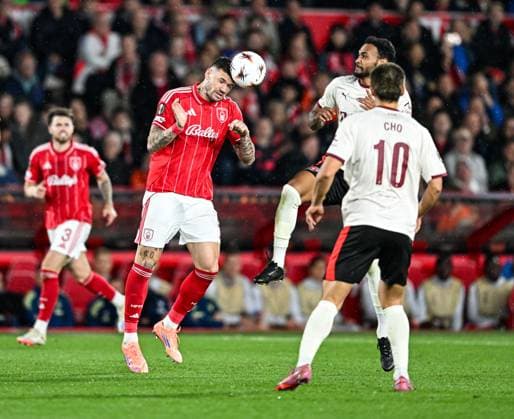 2nd October 2025; The City Ground, Nottingham, England; UEFA Europa League Football, Nottingham Forest versus Midtjylland; Morato of Nottingham Forest heads the ball into the box  GodfreyxPitt