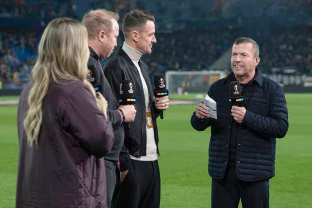 V.l.n.r. RTL Reporterin Laura Papendick, Trainer Ludovic Magnin, FCB, Sportdirektor Christian Gentner, VfB, Lothar Matthäus, FC Basel - VfB Stuttgart, Europa League, Fussball, 02.10.2025