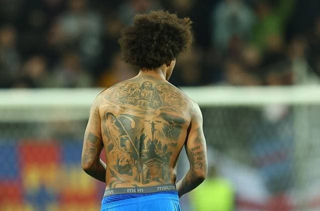 Shoulder tattoos of Chris Richards of Crystal Palace Dynamo Kyiv v Crystal Palace, UEFA Conference League, Group Stage, Football, Lublin Arena, Lublin, Poland - 02 Oct 2025Lublin Lublin Arena Poland EDITORIAL USE ONLY No use with unauthorised audio, video, data, fixture lists, club league logos or live services. Online in-match use limited to 120 images, no video emulation. No use in betting, games or single club league player publications. Copyright: xMichaelxZemanek Shutterstockx 15504054bg