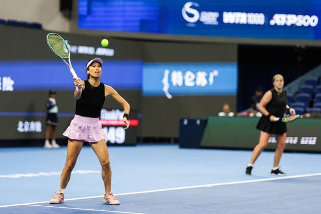 BEIJING, CHINA - OCTOBER 03: Hsieh Su-wei of Chinese Taipei and Jelena Ostapenko of Latvia compete in the Women s Doubles Quarterfinal match against Tereza Mihalikova of Slovakia and Olivia Nicholls of Great Britain on day 12 of the 2025 China Open at the National Tennis Center on October 3, 2025 in Beijing, China.  Copyright: xVCGx 111594804509