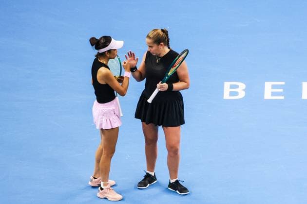 BEIJING, CHINA - OCTOBER 03: Hsieh Su-wei of Chinese Taipei and Jelena Ostapenko of Latvia react in the Women s Doubles Quarterfinal match against Tereza Mihalikova of Slovakia and Olivia Nicholls of Great Britain on day 12 of the 2025 China Open at the National Tennis Center on October 3, 2025 in Beijing, China.  Copyright: xVCGx 111594809373