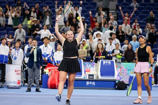 BEIJING, CHINA - OCTOBER 03: Hsieh Su-wei of Chinese Taipei and Jelena Ostapenko of Latvia celebrate after winning the Women s Doubles Quarterfinal match against Tereza Mihalikova of Slovakia and Olivia Nicholls of Great Britain on day 12 of the 2025 China Open at the National Tennis Center on October 3, 2025 in Beijing, China.  Copyright: xVCGx 111594809850