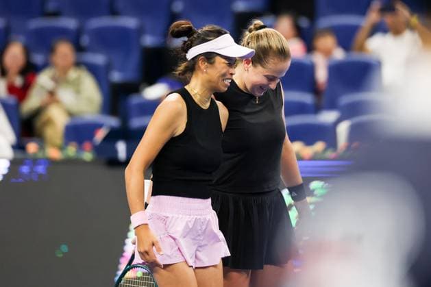 BEIJING, CHINA - OCTOBER 03: Hsieh Su-wei of Chinese Taipei and Jelena Ostapenko of Latvia react in the Women s Doubles Quarterfinal match against Tereza Mihalikova of Slovakia and Olivia Nicholls of Great Britain on day 12 of the 2025 China Open at the National Tennis Center on October 3, 2025 in Beijing, China.  Copyright: xVCGx 111594809880