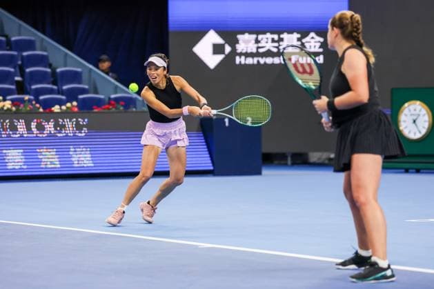 BEIJING, CHINA - OCTOBER 03: Hsieh Su-wei of Chinese Taipei and Jelena Ostapenko of Latvia compete in the Women s Doubles Quarterfinal match against Tereza Mihalikova of Slovakia and Olivia Nicholls of Great Britain on day 12 of the 2025 China Open at the National Tennis Center on October 3, 2025 in Beijing, China.  Copyright: xVCGx 111594805278