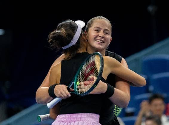 (251003) -- BEIJING, Oct. 3, 2025 -- Hsieh Su-Wei (L) Jelena Ostapenko celebrate after the women s doubles quarterfinal match between Hsieh Su-Wei (Chinese Taipei) Jelena Ostapenko (Latvia) and Tereza Mihalikova (Slovakia) Olivia Nicholls (Britain) at 2025 China Open tennis tournament in Beijing, China, Oct. 3, 2025. ) (SP)CHINA-BEIJING-TENNIS-CHINA OPEN-WOMEN S DOUBLES-QUARTERFINAL (CN) HuxJingwen 