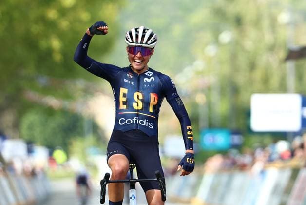 Spain Paula Blasi Cairol celebrates after winning on the finish line of the 85,7 km Women U23 Road Race at the UEC road European cycling championships, France on Friday 03 October 2025. The European cycling championships Drome-Ardeche takes place from 1 to 5 October, France. DAVIDxPINTENS  x135966324x