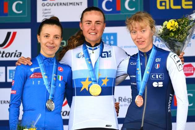 UEC 2025 Road European Championship, EM, Europameisterschaft Drome-Ardeche 03 10 2025 GUILHERAND-GRANGES, FRANCE - OCTOBER 03 : Ciabocco Eleonora (Italy), Blasi Cairol Paula (Spain) and Bego Julie (France) pictured during the podium ceremony of the Women U23 cycling road race of the 2025 UEC Road European Championship Drome-Ardeche 10th edition an UCI Continental Championships cycling race of 85.7 km with start in Guilherand-Granges and finish in Guilherand-Granges on October 3, 2025 in Guilherand-Granges, France, 03 10 2025 Guilherand-Granges France  Copyright: xVincentxKalutx