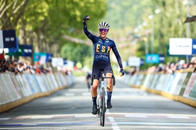 Spain Paula Blasi Cairol celebrates as she crosses the finish line to win the 85,7 km Women U23 Road Race at the UEC road European cycling championships, France on Friday 03 October 2025. The European cycling championships Drome-Ardeche takes place from 1 to 5 October, France. DAVIDxPINTENS  x135969029x