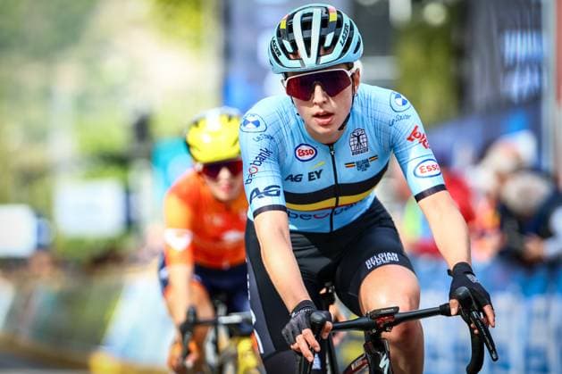 Belgium Emma Siegers crosses the finish line of the 85,7 km Women U23 Road Race at the UEC road European cycling championships, France on Friday 03 October 2025. The European cycling championships Drome-Ardeche takes place from 1 to 5 October, France. DAVIDxPINTENS  x135969069x