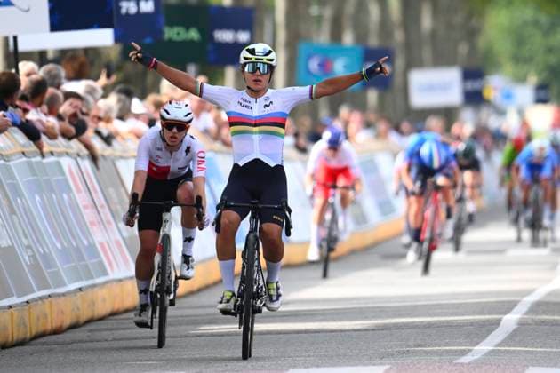 UEC 2025 Road European Championship, EM, Europameisterschaft Drome-Ardeche 03 10 2025 GUILHERAND-GRANGES, FRANCE - OCTOBER 03 : Ostiz Taco Paula (Spain) wins during the Women Junior cycling road race of the 2025 UEC Road European Championship Drome-Ardeche 10th edition an UCI Continental Championships cycling race of 62.9 km with start in Guilherand-Granges and finish in Guilherand-Granges on October 3, 2025 in Guilherand-Granges, France, 03 10 2025 Guilherand-Granges France  Copyright: xVincentxKalutx