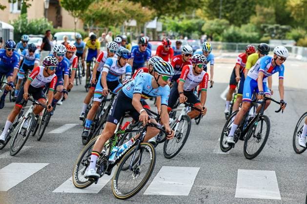 Belgium Tuur Verbeeck pictured in action during the Men Junior Road Race at the UEC road European cycling championships, a 103,4 km track in Loriol-sur-Drome, France on Friday 03 October 2025. The European cycling championships Drome-Ardeche takes place from 1 to 5 October, France. DAVIDxPINTENS  x135982078x