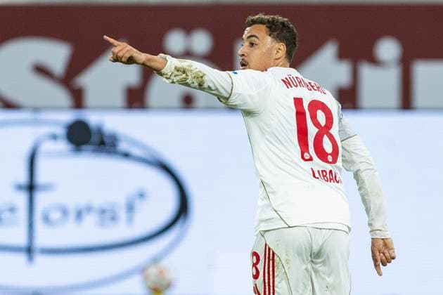 2. Fussball Bundesliga, Fortuna Düsseldorf - 1. FC Nürnberg; 03.10.2025 Rafael Lubach (1. FC Nürnberg, 18) jubelt nach seinem Tor. 2. Fußball Bundesliga, Fortuna Düsseldorf - 1. FC Nürnberg, 8. Spieltag, am 03.10.2025, Merkur Spiel-Arena, Düsseldorf. DFL regulations prohibit any use of photographs as image sequences and or quasi-video