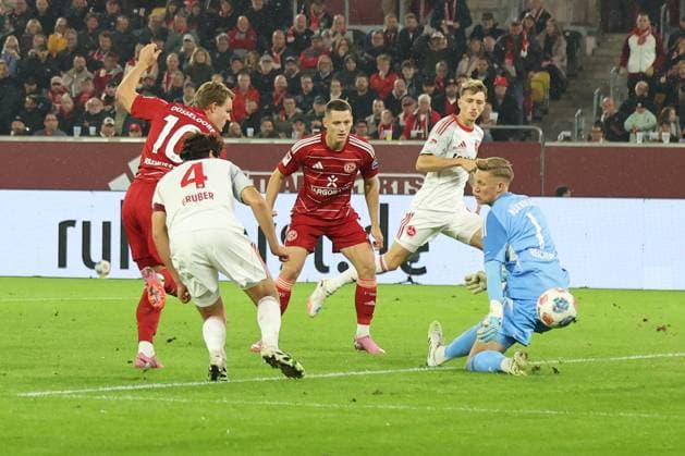 GER, 2. FBL. Fortuna Duesseldorf vs. 1. FC Nuernberg 03.10.2025, Merkur Spiel-Arena, Duesseldorf, GER, 2. FBL. Fortuna Duesseldorf vs. 1. FC Nuernberg, im Bild: 2:2 durch Christian Rasmussen (Duesseldorf 10),