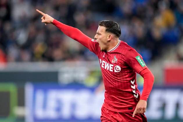Torschütze Said El Mala (Köln, 13), Spieler vom 1. FC Köln, jubelt über das Tor zum 0:1, Jubel, jubeln, Torjubel, Torerfolg, celebrate the goal, goal, celebration, jubelt ueber das Tor, Freuen, Freude, freut sich, optimistisch, positiv, Spielszene, Highlight, Einzelbild, Einzelfoto, Aktion, Action, 03.10.2025, Sinsheim (Deutschland), Fussball, Bundesliga, TSG 1899 Hoffenheim - 1. FC Köln, DFB DFL REGULATIONS PROHIBIT ANY USE OF PHOTOGRAPHS AS IMAGE SEQUENCES AND OR QUASI-VIDEO.