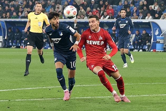 03.10.2025, xrekx, Fussball 1.Bundesliga, TSG 1899 Hoffenheim - 1.FC Köln v.l. Muhammed Damar (TSG 1899 Hoffenheim) Said El Mala (1.FC Koeln) Zweikampf, Aktion, action, battle for the ball (DFL DFB REGULATIONS PROHIBIT ANY USE OF PHOTOGRAPHS as IMAGE SEQUENCES and or QUASI-VIDEO) Sinsheim