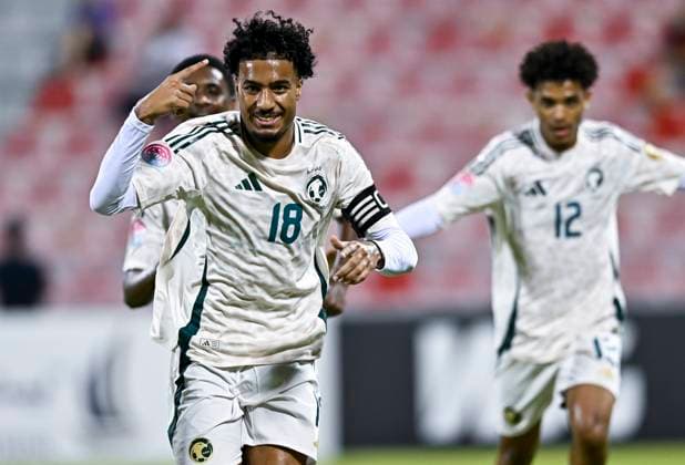 UNITED ARAB EMIRATES V SAUDI ARABIA ,FINAL U-17 GULF CUP QATAR 2025 Abdulaziz Alfawaz of Saudi Arabia celebrates after scoring the goal during the Arab Gulf Cup Football Federation (AGCFF) U-17 Gulf Cup Qatar 2025 final football match between United Arab Emirates and Saudi Arabia at Grand Hamad Stadium in Doha, Qatar, on October 3, 2025. DOHA Qatar Copyright: xNOUSHADx