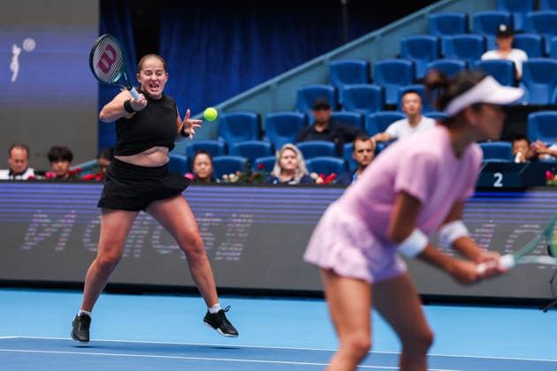 BEIJING, CHINA - OCTOBER 04: Hsieh Su-wei of Chinese Taipei and Jelena Ostapenko of Latvia compete in the Women s Doubles Semifinal match against Sara Errani of Italy and Jasmine Paolini of Italy on day 13 of the 2025 China Open at the National Tennis Center on October 4, 2025 in Beijing, China.  Copyright: xVCGx 111595006281