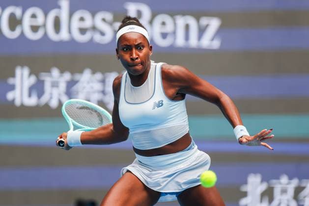 BEIJING, CHINA - OCTOBER 04: Coco Gauff of the United States returns a shot in the Women s Singles Semifinal match against Amanda Anisimova of the United States on day 13 of the 2025 China Open at the National Tennis Center on October 4, 2025 in Beijing, China.  Copyright: xVCGx 111595013926