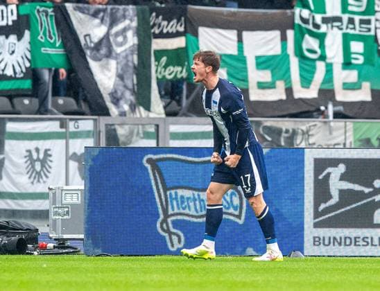 Fussball, Herren, Saison 2025 2026, 2. Bundesliga (8. Spieltag), Hertha BSC - SC Preußen Münster, Sebastian Grönning (Hertha BSC), Jubel nach Tor zum 1:0, 04.10. 2025, Copyright: xSebastianxRäppold MatthiasxKochx