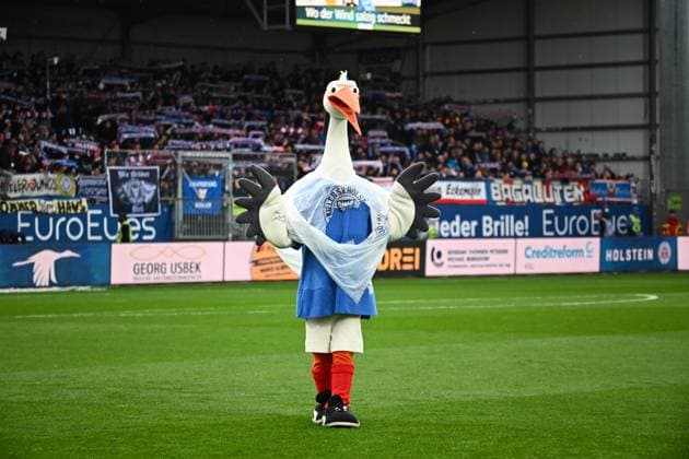 04.10.2025, Fußball, Herren, 2.BL (Bundesliga), Saison 2025 2026, Holstein Kiel - SV Darmstadt 98, 8. Spieltag Maskotchen Kiel, Storch Kiel, Holstein-Stadion Holstein-Stadion Schleswig-Holstein Deutschland