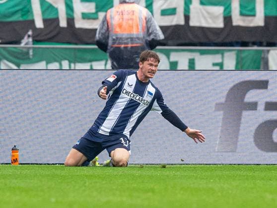 Fussball, Herren, Saison 2025 2026, 2. Bundesliga (8. Spieltag), Hertha BSC - SC Preußen Münster, Sebastian Grönning (Hertha BSC), Jubel nach Tor zum 1:0, 04.10. 2025, Copyright: xSebastianxRäppold MatthiasxKochx