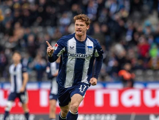 Fussball, Herren, Saison 2025 2026, 2. Bundesliga (8. Spieltag), Hertha BSC - SC Preußen Münster, Sebastian Grönning (Hertha BSC), Jubel nach Tor zum 2:0, 04.10. 2025, Copyright: xSebastianxRäppold MatthiasxKochx