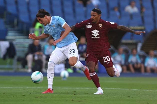 Football: Serie A Enilive 2025-2026 match SS Lazio and Torino FC Rome, Italy - October 4, 2025: Matteo Cancellieri of Lazio, Valentino Lazaro of Torino seen in action during the Serie A Enilive 2025-2026 football match between SS Lazio and Torino FC at Olympic Stadium rome olympic stadium italy italy Copyright: xmarcoxiacobucci