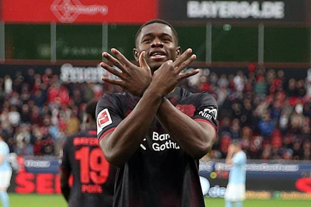 04.10.2025, xrekx, Fussball 1.Bundesliga, Bayer 04 Leverkusen - 1.FC Union Berlin v.l. Torjubel nach dem Tor zum celebrating the goal celebrate 2:0 durch Christian Kofane (Bayer 04 Leverkusen) (DFL DFB REGULATIONS PROHIBIT ANY USE OF PHOTOGRAPHS as IMAGE SEQUENCES and or QUASI-VIDEO) Leverkusen