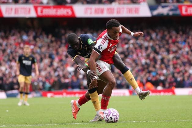 4th October 2025; Emirates Stadium, London, England; Premier League Football, Arsenal versus West Ham United; Jurrien Timber of Arsenal is fouled by El Hadji Malick Diouf of West Ham United for a penalty kick  KatiexChan