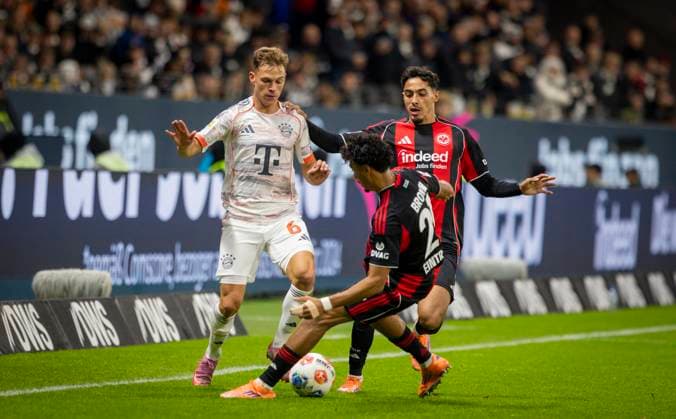 Frankfurt, Germany. 04th Oct 2025. Joshua Kimmich (FCB) Nathaniel Brown (FRA) Fares Chaibi (FRA) Eintracht Frankfurt - FC Bayern München 04.10.2025
