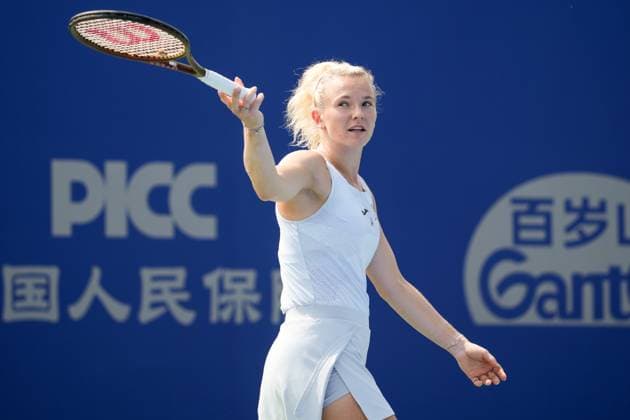 WUHAN, CHINA - OCTOBER 05: Katerina Siniakova of Czech Republic reacts in the Women s Singles Qualifying second round match against Wang Yafan of China on day 2 of 2025 Wuhan Open at Optics Valley International Tennis Center on October 5, 2025 in Wuhan, Hubei Province of China.  Copyright: xVCGx 111595174113