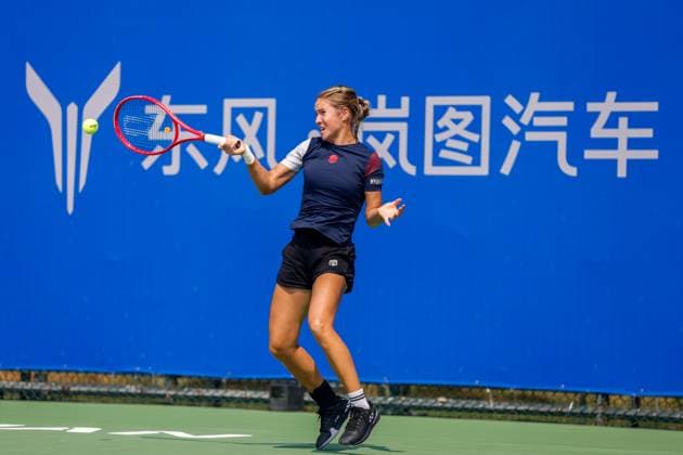 WUHAN, CHINA - OCTOBER 05: Anastasia Zakharova returns a shot in the Women s Singles Qualifying second round match against Bianca Andreescu of Canada on day 2 of 2025 Wuhan Open at Optics Valley International Tennis Center on October 5, 2025 in Wuhan, Hubei Province of China.  Copyright: xVCGx 111595178923