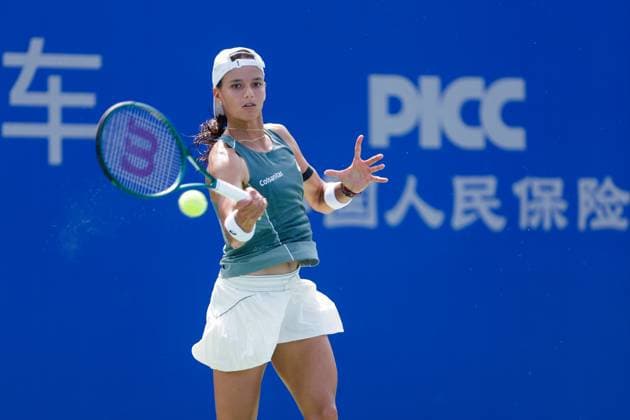 WUHAN, CHINA - OCTOBER 05: Emiliana Arango of Colombia returns a shot in the Women s Singles Qualifying second round match against Antonia Ruzic of Croatia on day 2 of 2025 Wuhan Open at Optics Valley International Tennis Center on October 5, 2025 in Wuhan, Hubei Province of China.  Copyright: xVCGx 111595182623