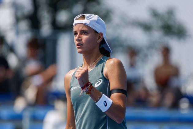 WUHAN, CHINA - OCTOBER 05: Emiliana Arango of Colombia reacts in the Women s Singles Qualifying second round match against Antonia Ruzic of Croatia on day 2 of 2025 Wuhan Open at Optics Valley International Tennis Center on October 5, 2025 in Wuhan, Hubei Province of China.  Copyright: xVCGx 111595182630