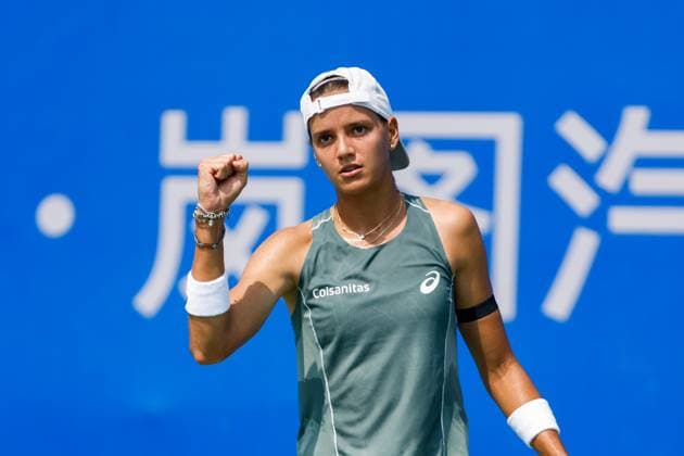 WUHAN, CHINA - OCTOBER 05: Emiliana Arango of Colombia reacts in the Women s Singles Qualifying second round match against Antonia Ruzic of Croatia on day 2 of 2025 Wuhan Open at Optics Valley International Tennis Center on October 5, 2025 in Wuhan, Hubei Province of China.  Copyright: xVCGx 111595182609