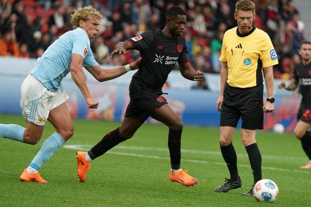 Fussball, 1 Bundesliga, Saison 2025 2026, Bayer 04 Leverkusen- 1.FC Union Berlin 04.10.2025, Bayarena Leverkusen Leopold Querfeld, 1.FC Union Berlin ,Christian Michel Kofane,