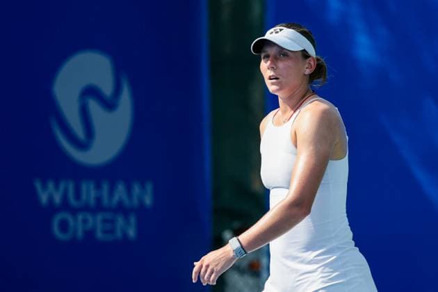 WUHAN, CHINA - OCTOBER 05: Varvara Gracheva of France reacts in the Women s Singles Qualifying second round match against Iva Jovic of the United States on day 2 of 2025 Wuhan Open at Optics Valley International Tennis Center on October 5, 2025 in Wuhan, Hubei Province of China.  Copyright: xVCGx 111595195401