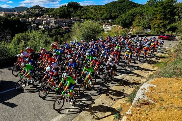 The pack of riders pictured in action during the Men Elite raod race, a 202,5 km from Privas to Guilherand-Granges, at the UEC road European cycling championships, Sunday 05 October 2025, France. The European cycling championships Drome-Ardeche takes place from 1 to 5 October, France. DAVIDxPINTENS  x136123380x