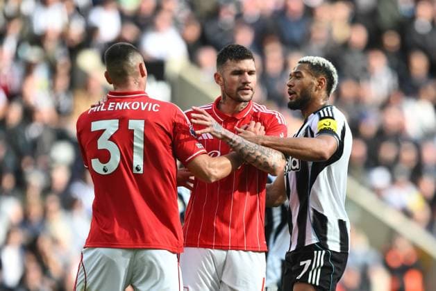 Joelinton of Newcastle United clashes with Nikola Milenkovic of Nottingham Forest Newcastle United v Nottingham Forest, Premier League, Football, St James Park, Newcastle, UK - 05 Oct 2025Newcastle St James Park United Kingdom EDITORIAL USE ONLY No use with unauthorised audio, video, data, fixture lists, club league logos or live services. Online in-match use limited to 120 images, no video emulation. No use in betting, games or single club league player publications. Copyright: xRichardxLee Shutterstockx 15515863al