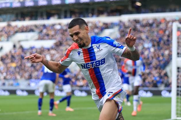 Football - Premier League - Everton v Crystal Palace 5th October 2025 - Premier League - Everton v Crystal Palace - Daniel Munoz of Crystal Palace celebrates after scoring their 1st goal - Photo: Simon Stacpoole Offside. Liverpool UK Copyright: xSimonxStacpoolexOffside