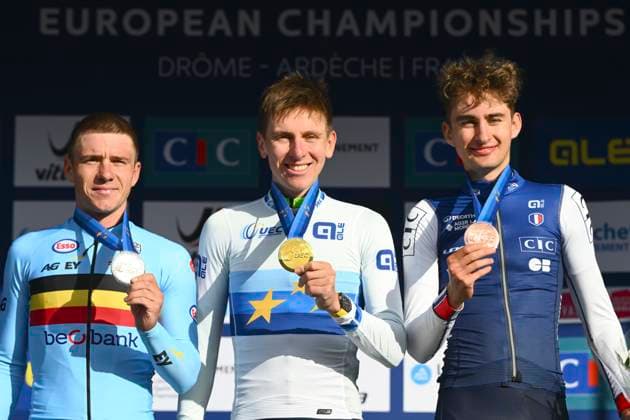 UEC 2025 Road European Championship, EM, Europameisterschaft Drome-Ardeche 05 10 2025 GUILHERAND-GRANGES, FRANCE - OCTOBER 05 : Evenepoel Remco (Belgium) (silver medal), Pogacar Tadej (Slovenia) (gold medal) and Seixas Paul (France) (bronze medal) pictured during the podium ceremony of the Men Elite cycling road race of the 2025 UEC Road European Championship Drome-Ardeche 10th edition an UCI Continental Championships cycling race of 202.5 km with start in Privas and finish in Guilherand-Granges on October 5, 2025 in Guilherand-Granges, France, 05 10 2025 Guilherand-Granges France  Copyright: xVincentxKalutx