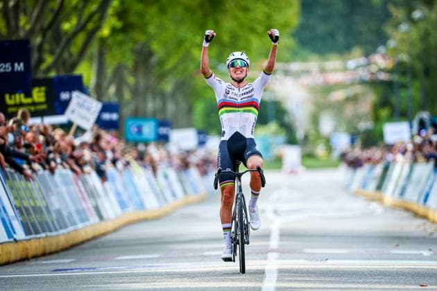 Slovenia Tadej Pogacar celebrates as he crosses the finish line to win the Men Elite raod race, a 202,5 km from Privas to Guilherand-Granges, at the UEC road European cycling championships, Sunday 05 October 2025, France. The European cycling championships Drome-Ardeche takes place from 1 to 5 October, France. DAVIDxPINTENS  x136141430x