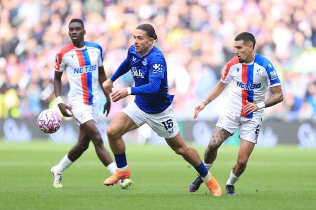 Football - Premier League - Everton v Crystal Palace 5th October 2025 - Premier League - Everton v Crystal Palace - Jack Grealish of Everton battles with Daniel Munoz of Crystal Palace - Photo: Simon Stacpoole Offside. Liverpool UK Copyright: xSimonxStacpoolexOffside