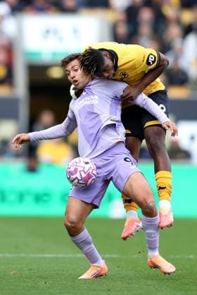 Wolverhampton Wanderers v Brighton & Hove Albion 05 October 2025 Wolverhampton - Premier League football - Wolverhampton Wanderers v Brighton & Hove Albion - Stefanos Tzimas of Brighton & Hove Albion is challenged by Emmanuel Agbadou of Wolverhampton Wanderers - (Photo by Mark Leech). Wolverhampton UK Copyright: xMarkxLeechxOffside