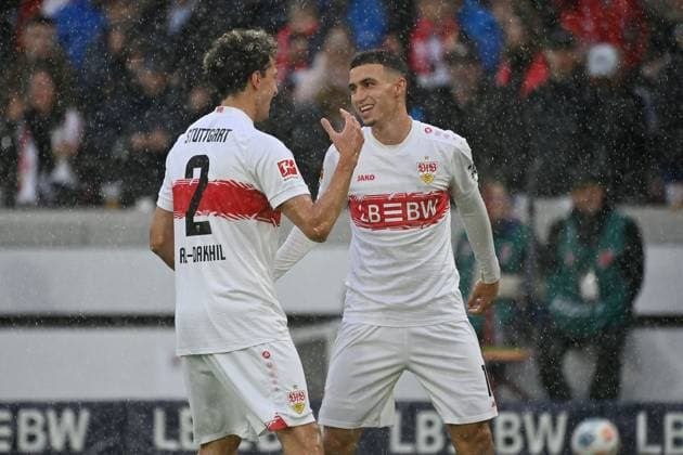Torjubel Bilal EL KHANNOUSS (VFB Stuttgart) nach Tor zum 1-0 mit li:Ameen AL DAKHIL (VfB Stuttgart). Jubel,Freude,Begeisterung, Aktion, Fussball 1. Bundesliga Saison 2025 2026, 6.Spieltag, Spieltag06 VfB Stuttgart - 1.FC Heidenheim 1-0 am 05.10.2025 MHP ARENA.