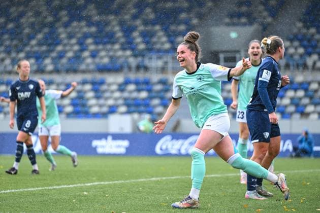 05.10.2025, Fußball, 2. Frauen-Bundesliga, 2025 2026, 6. Spieltag, VfL Bochum 1848 - SG 99 Andernach Maren Weingarz (Andernach) jubelt nach ihrem Tor zum Ausgleich.